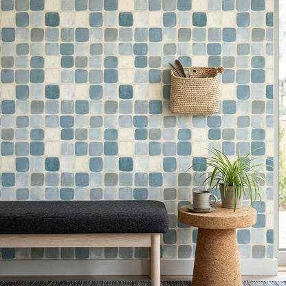 Abstract Geometric Wallpaper Rounded Squares Hand Painted Tiles Decorative Mural