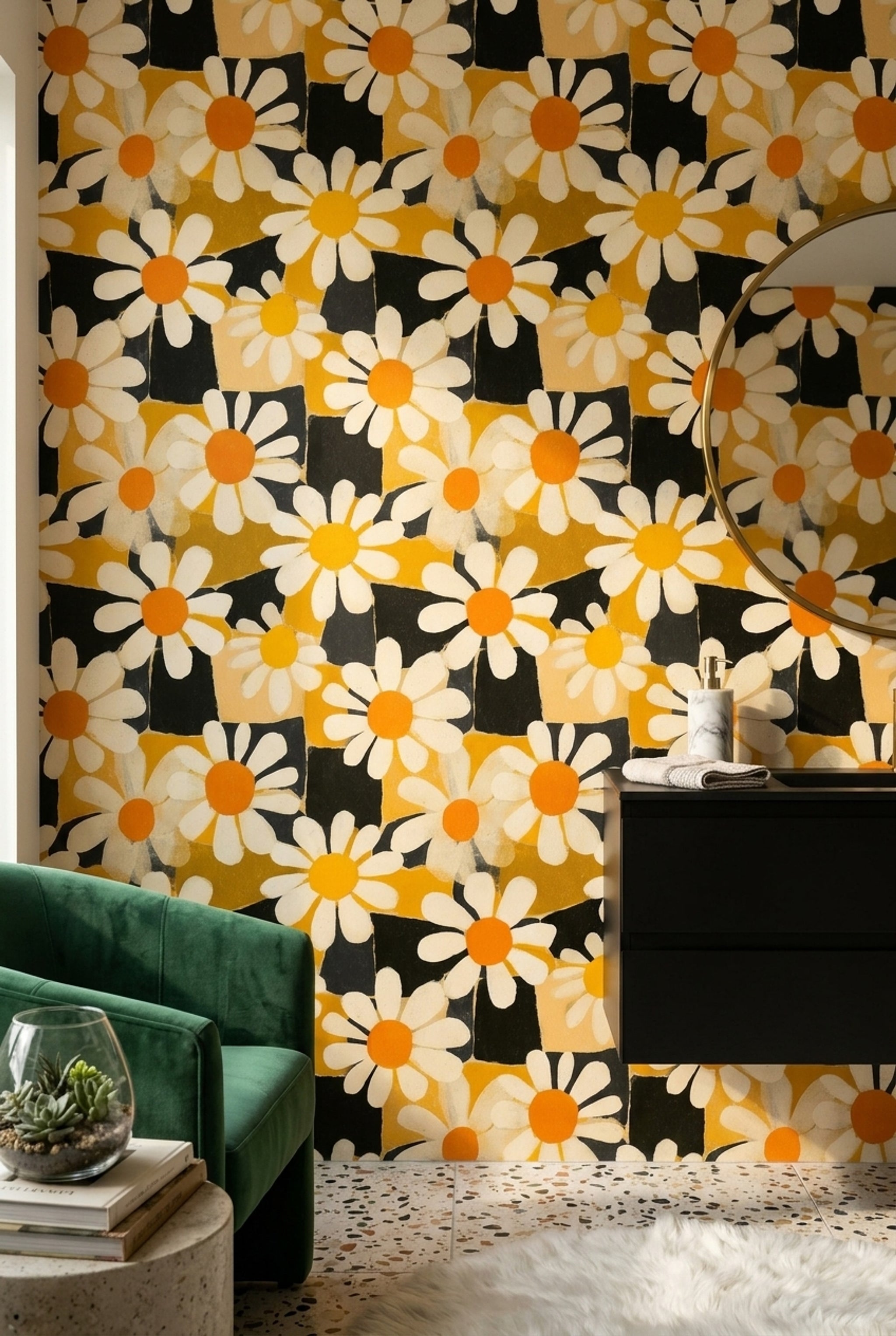 Daisy Wallpaper Floral Abstract Blocks Removable Wall Decor