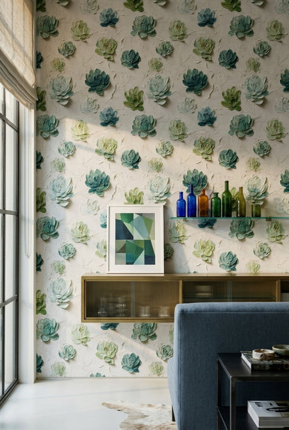 Succulent Wallpaper Botanical Impasto Texture Decorative Mural