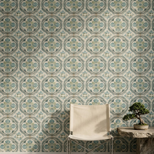 Moroccan Tile Wallpaper Watercolor Teal Blue Decorative Mural