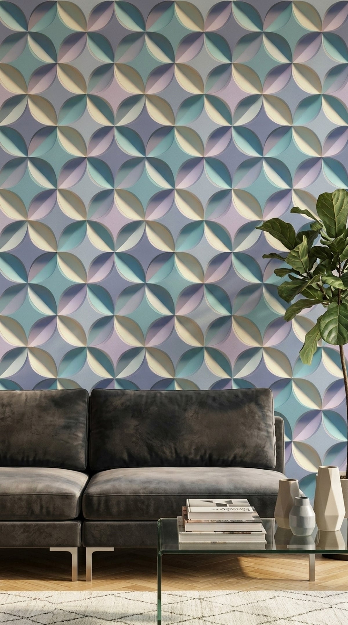 Abstract Geometric Wallpaper 3D Relief Removable Petal Shapes Wall Double Roll