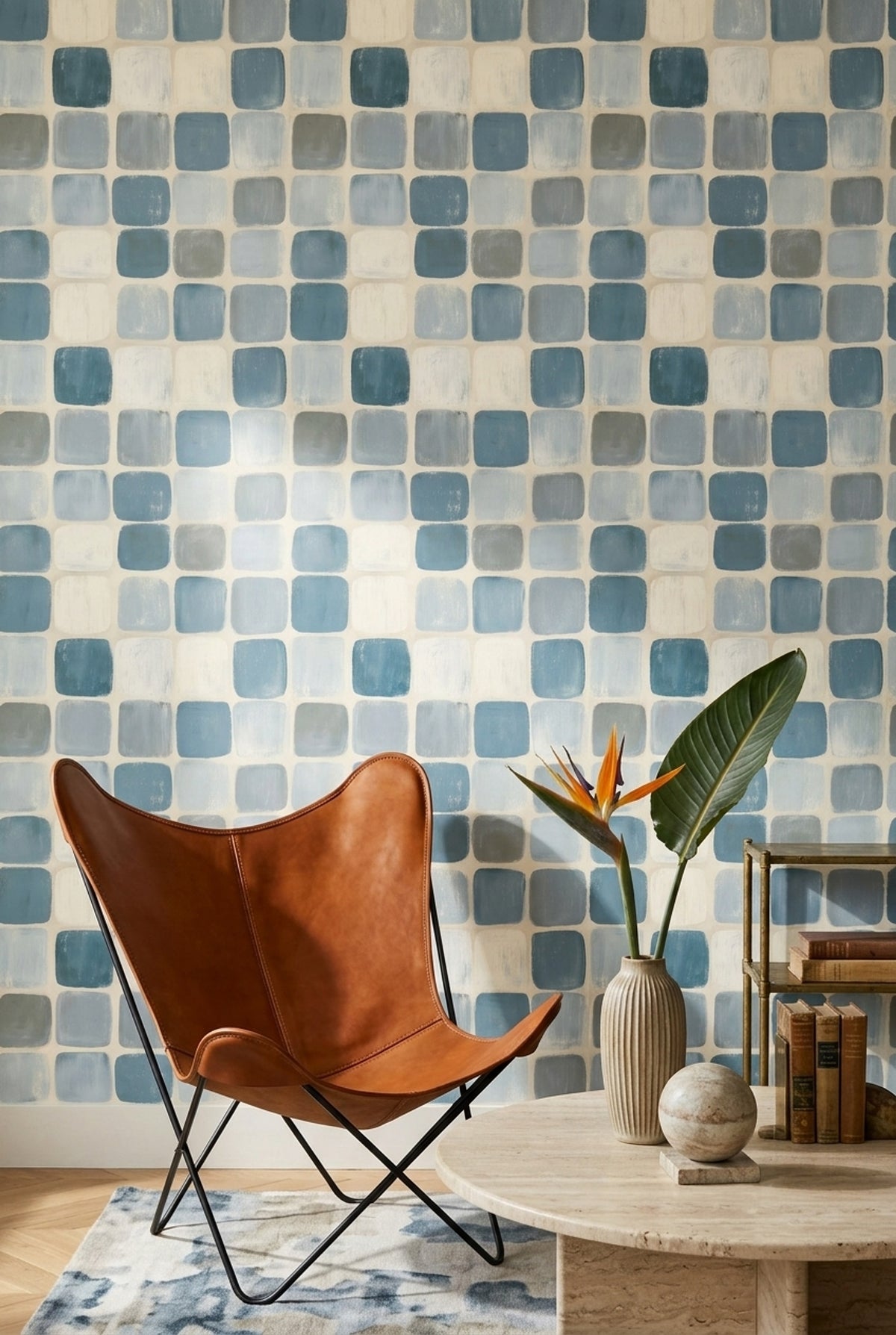 Abstract Geometric Wallpaper Rounded Squares Hand Painted Tiles Decorative Mural