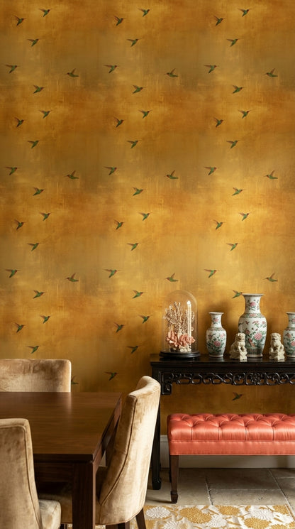 Hummingbirds Wallpaper Metallic Texture Gold Decorative Mural