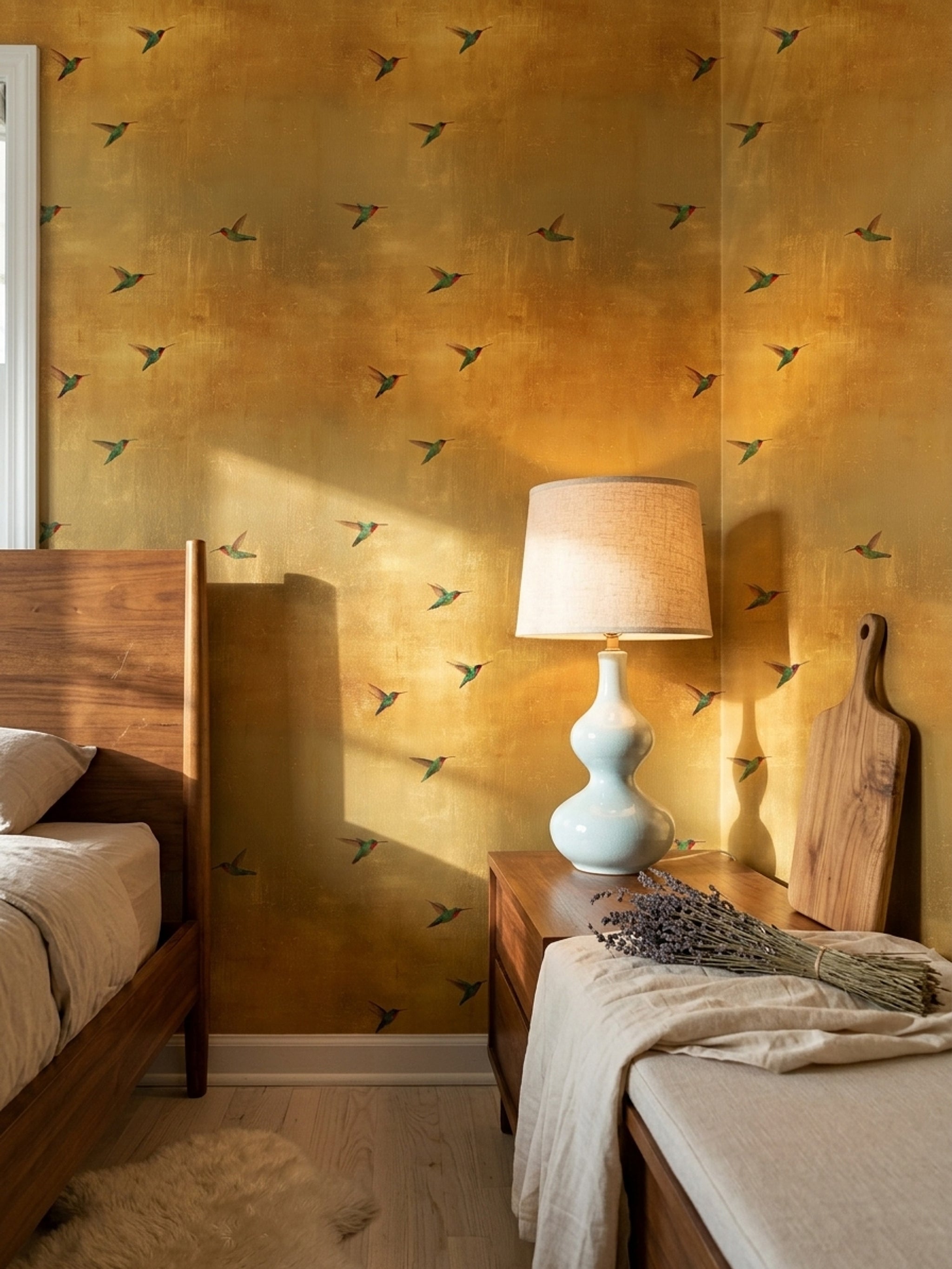 Hummingbirds Wallpaper Metallic Texture Gold Decorative Mural