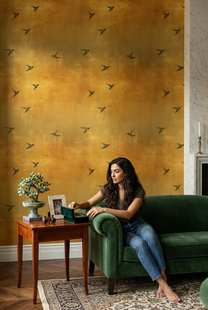 Hummingbirds Wallpaper Metallic Texture Gold Decorative Mural