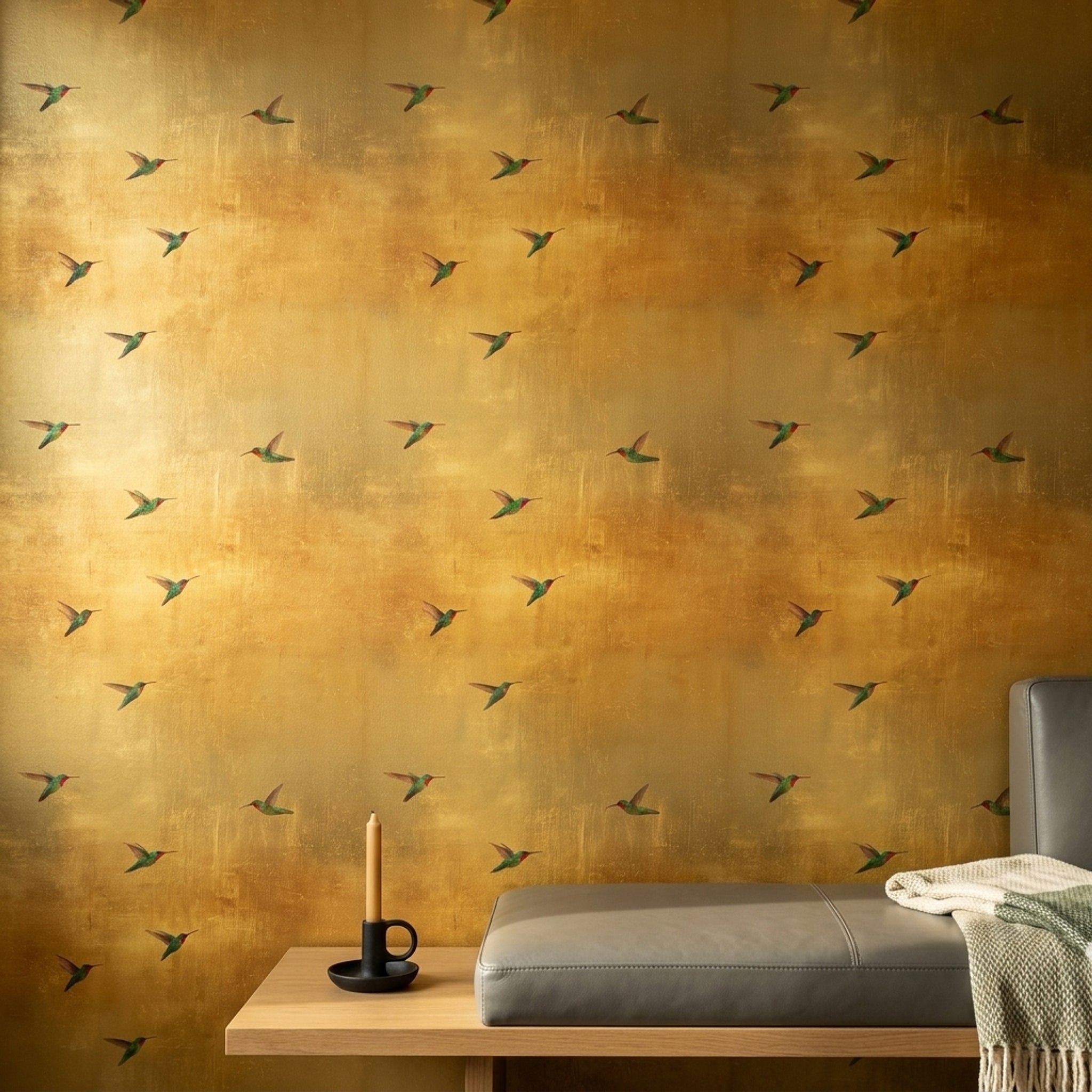 Hummingbirds Wallpaper Metallic Texture Gold Decorative Mural