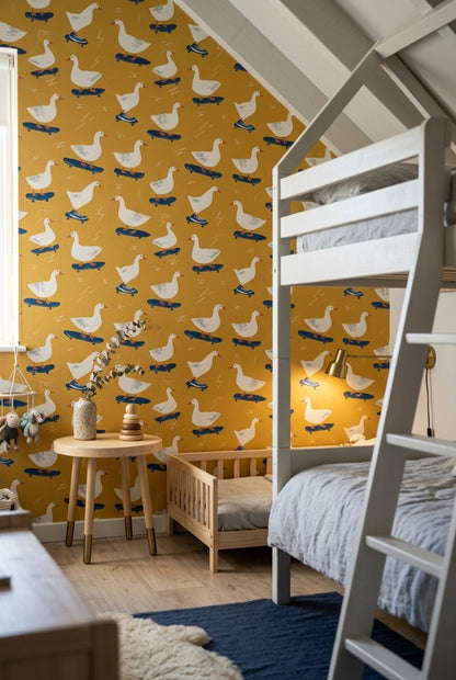 Goose Wallpaper Skateboard Removable Mustard Yellow Background Wall Double Roll