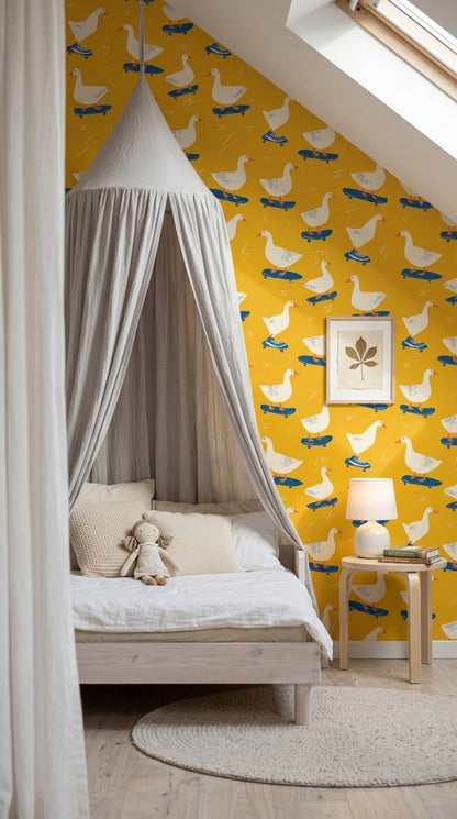 Goose Wallpaper Skateboard Removable Mustard Yellow Background Wall Double Roll