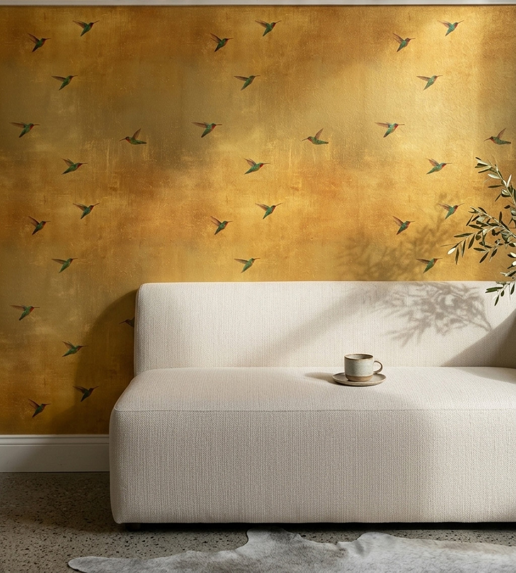 Hummingbirds Wallpaper Metallic Texture Gold Decorative Mural