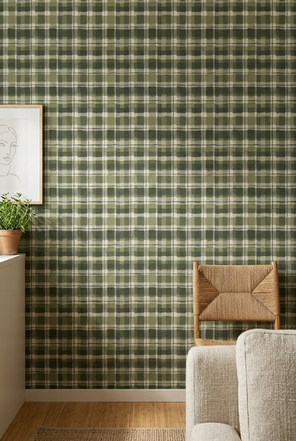 Green Plaid Wallpaper Checkered Grid Farmhouse Removable Wall Decor