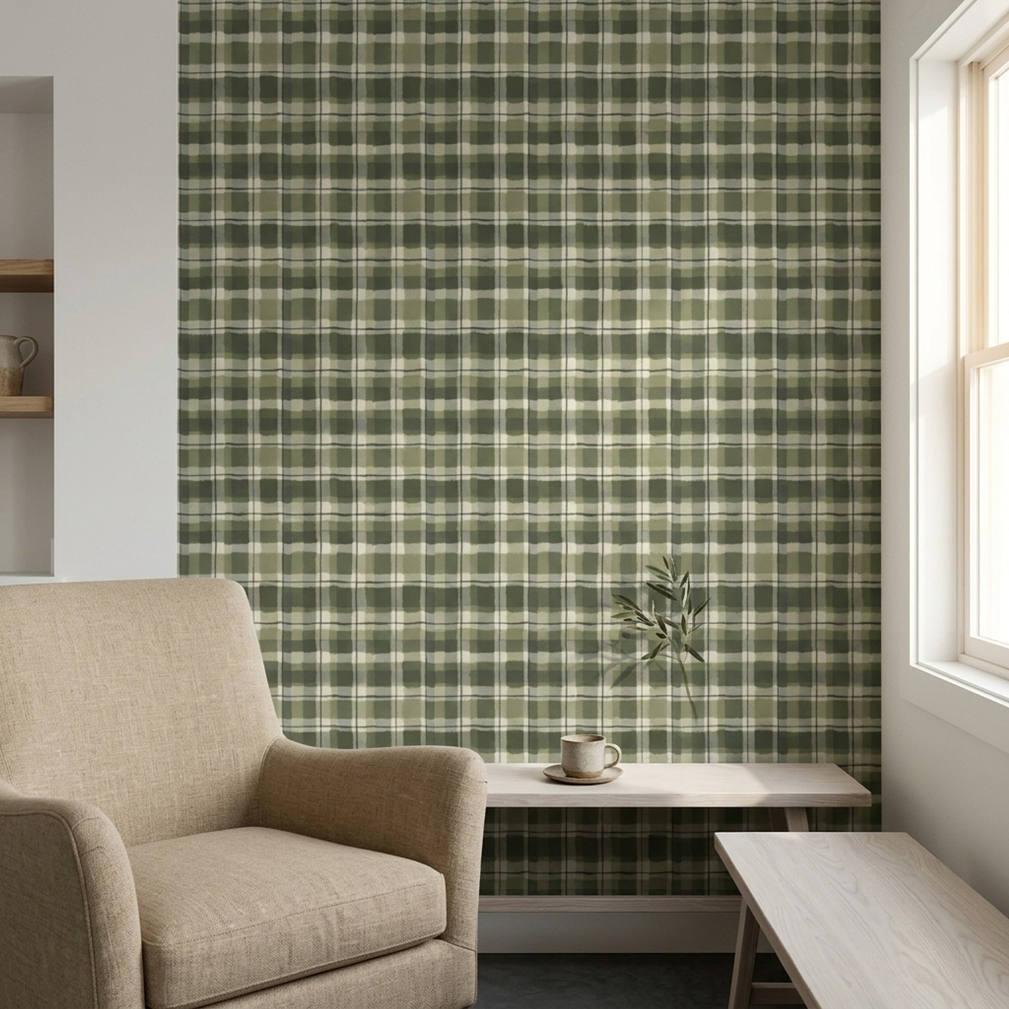 Green Plaid Wallpaper Checkered Grid Farmhouse Removable Wall Decor