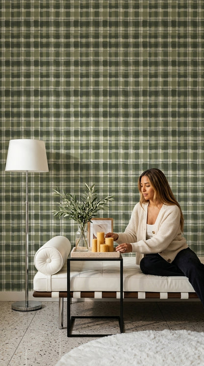 Green Plaid Wallpaper Checkered Grid Farmhouse Removable Wall Decor