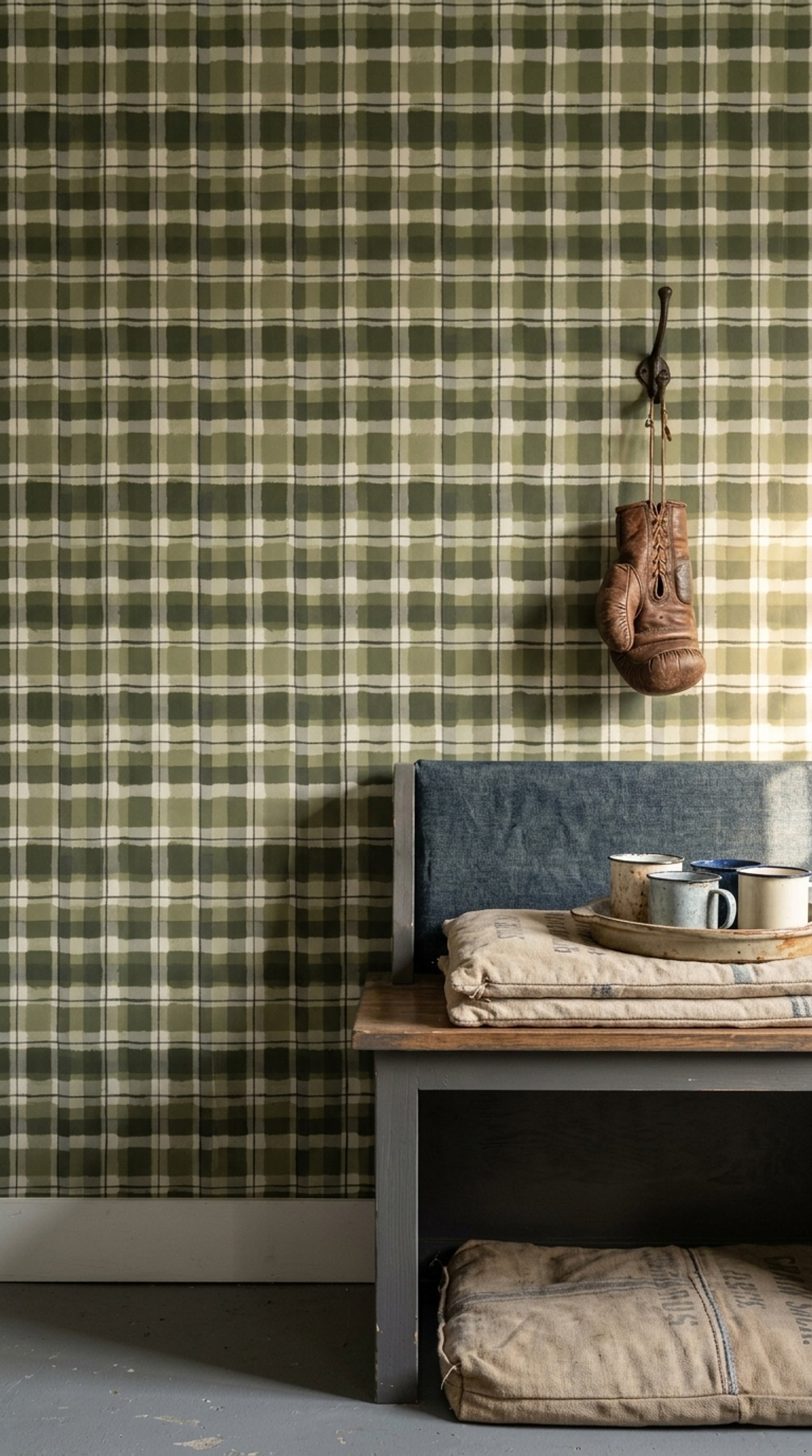 Green Plaid Wallpaper Checkered Grid Farmhouse Removable Wall Decor