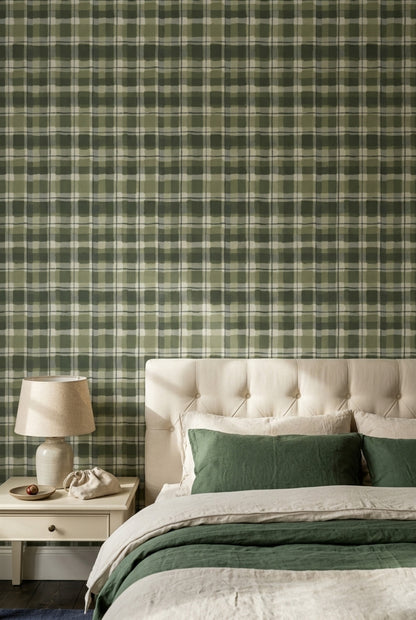 Green Plaid Wallpaper Checkered Grid Farmhouse Removable Wall Decor