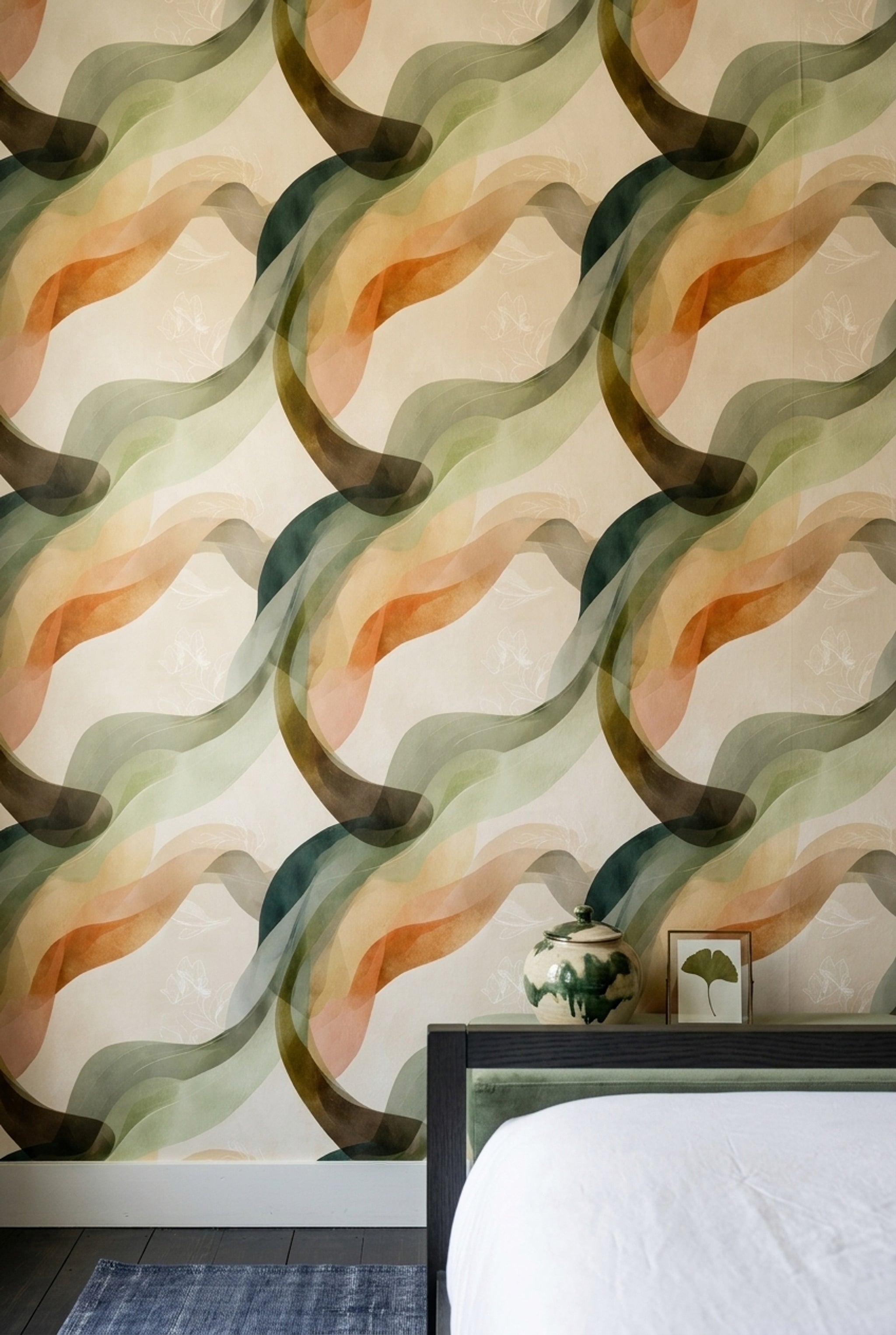 Abstract Waves Wallpaper Sage Green Earth Tones Removable Wall Decor