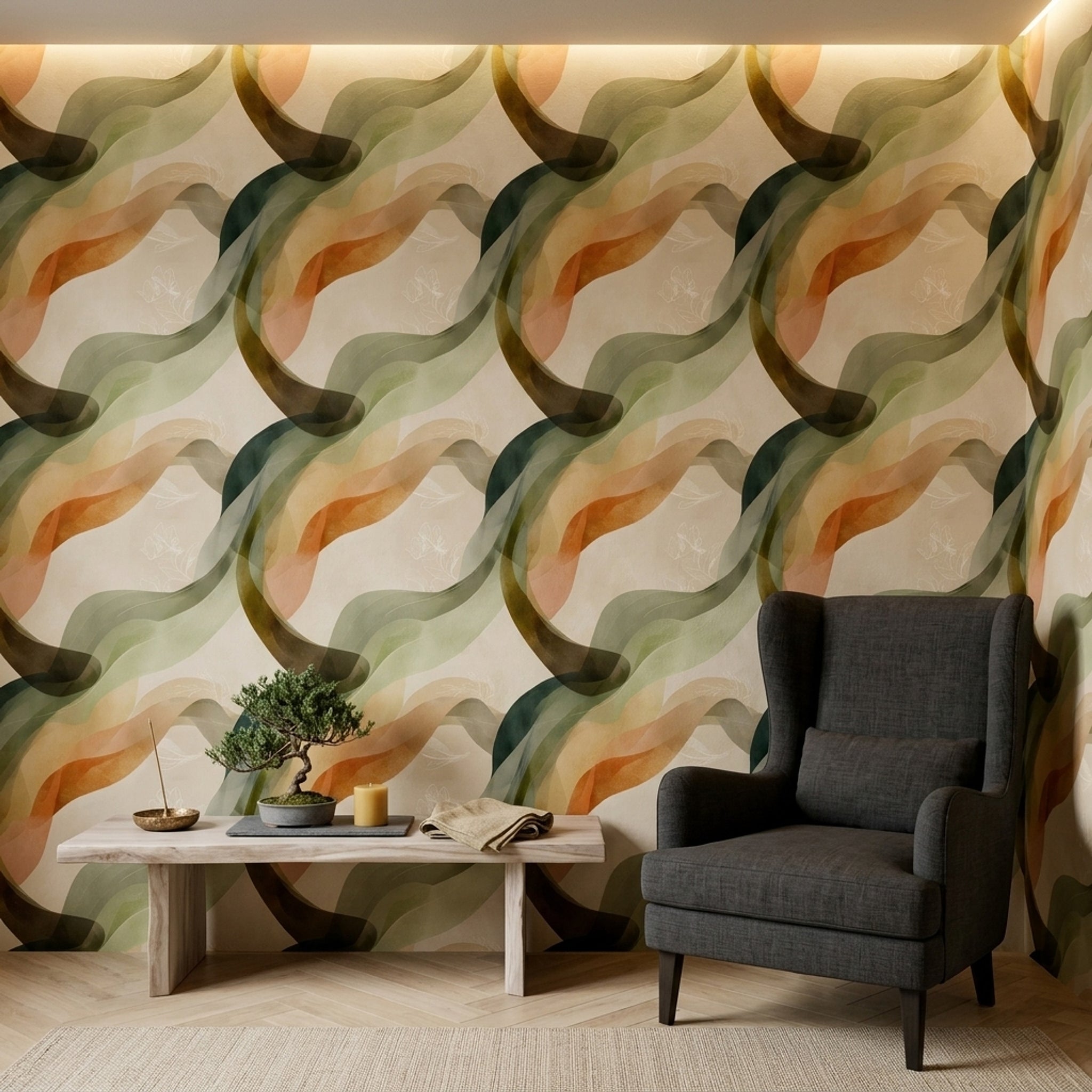 Abstract Waves Wallpaper Sage Green Earth Tones Removable Wall Decor
