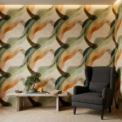 Abstract Waves Wallpaper Sage Green Earth Tones Removable Wall Decor