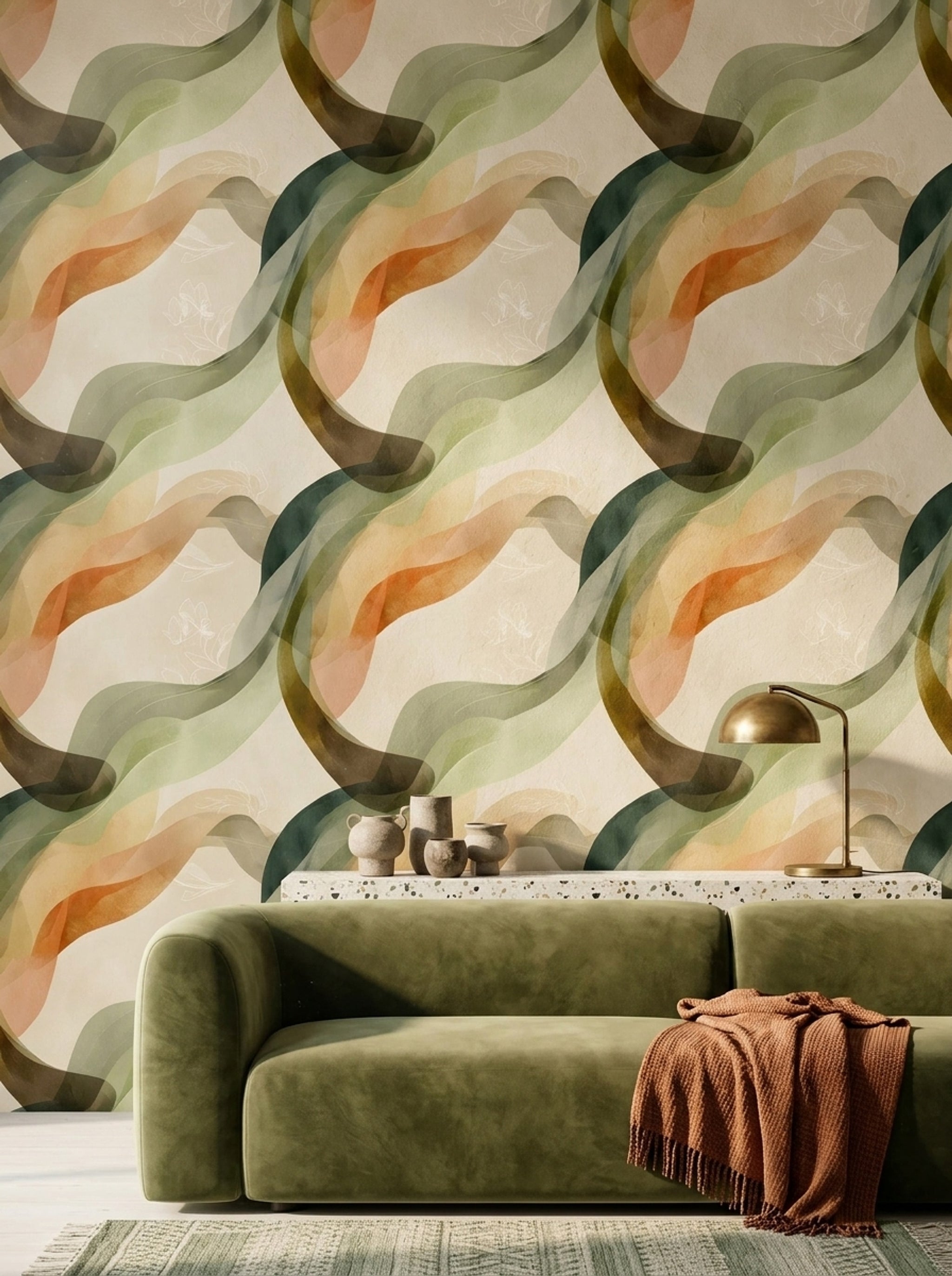 Abstract Waves Wallpaper Sage Green Earth Tones Removable Wall Decor
