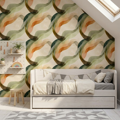 Abstract Waves Wallpaper Sage Green Earth Tones Removable Wall Decor
