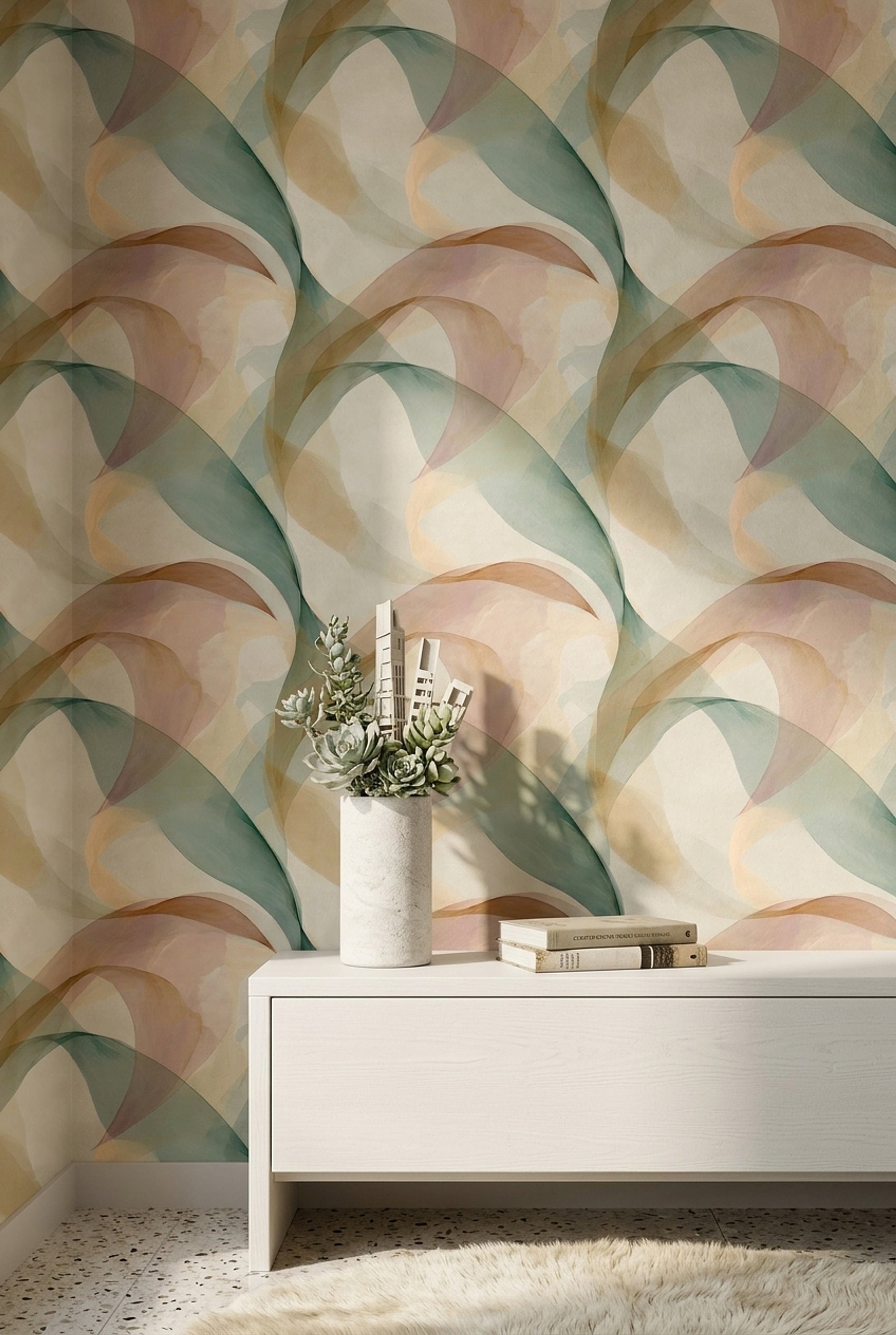 Translucent Ribbons Wallpaper Soft Curves Pastel Neutrals Decorative Mural