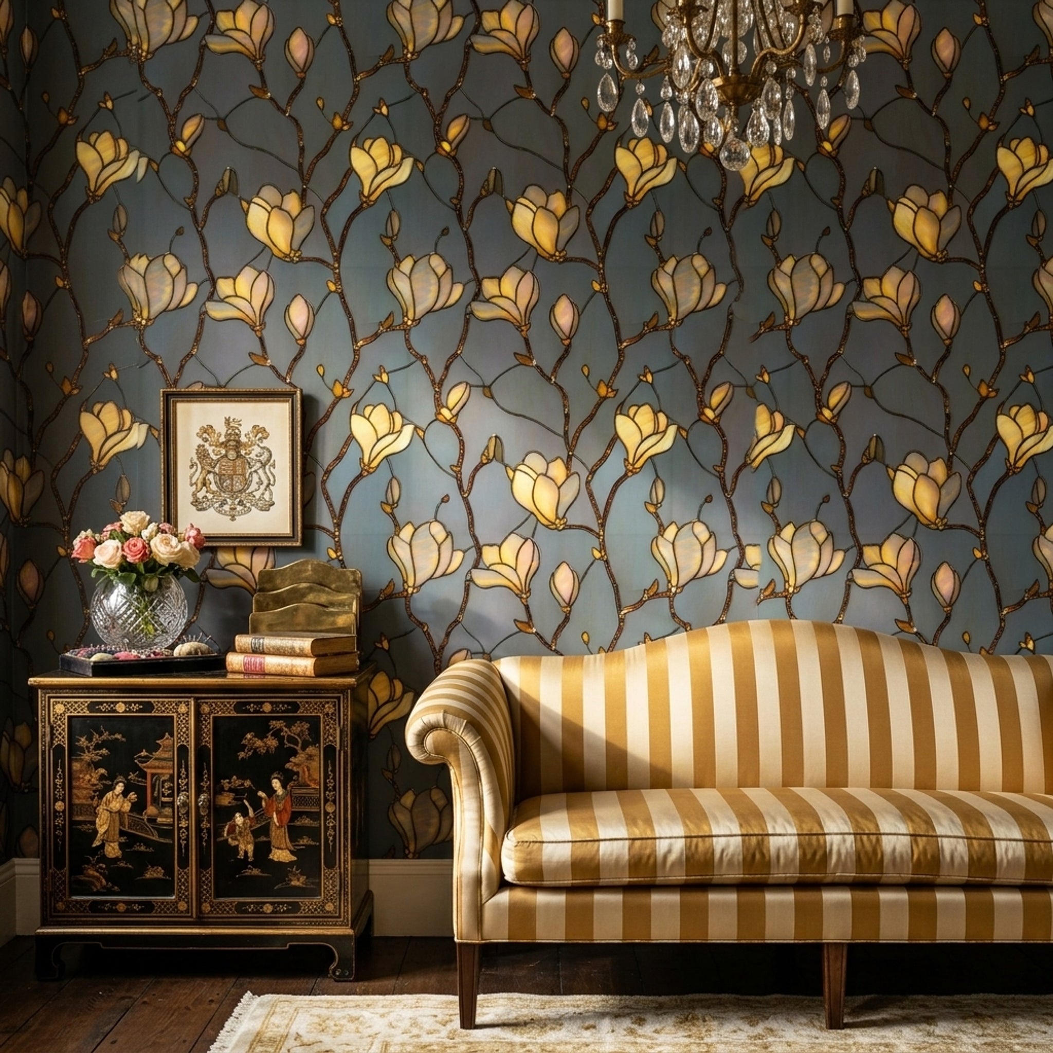 Stained Glass Wallpaper Magnolia Blossoms Removable Amber Gold Petals Wall Double Roll