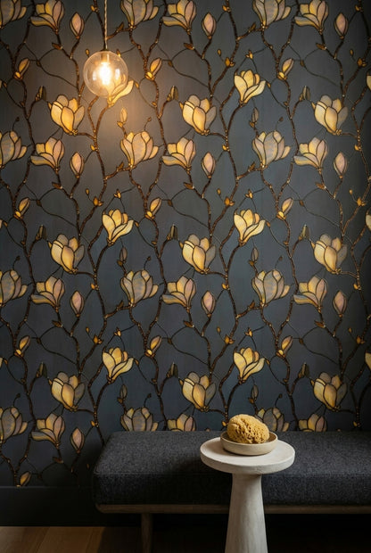 Stained Glass Wallpaper Magnolia Blossoms Removable Amber Gold Petals Wall Double Roll