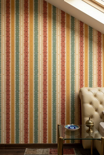 Vertical Stripes Wallpaper Lace Scallop Trim Retro Palette Decorative Mural