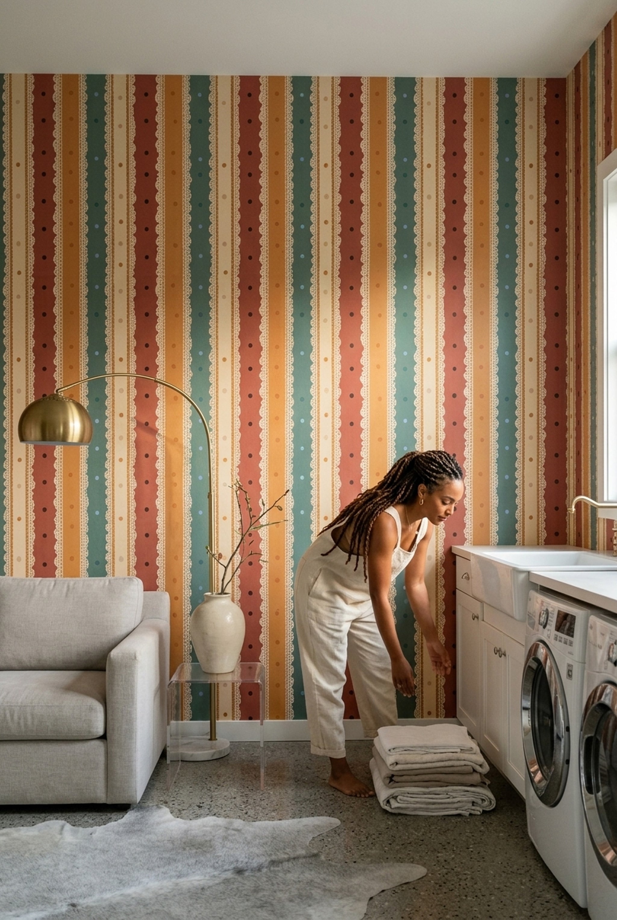 Vertical Stripes Wallpaper Lace Scallop Trim Retro Palette Decorative Mural