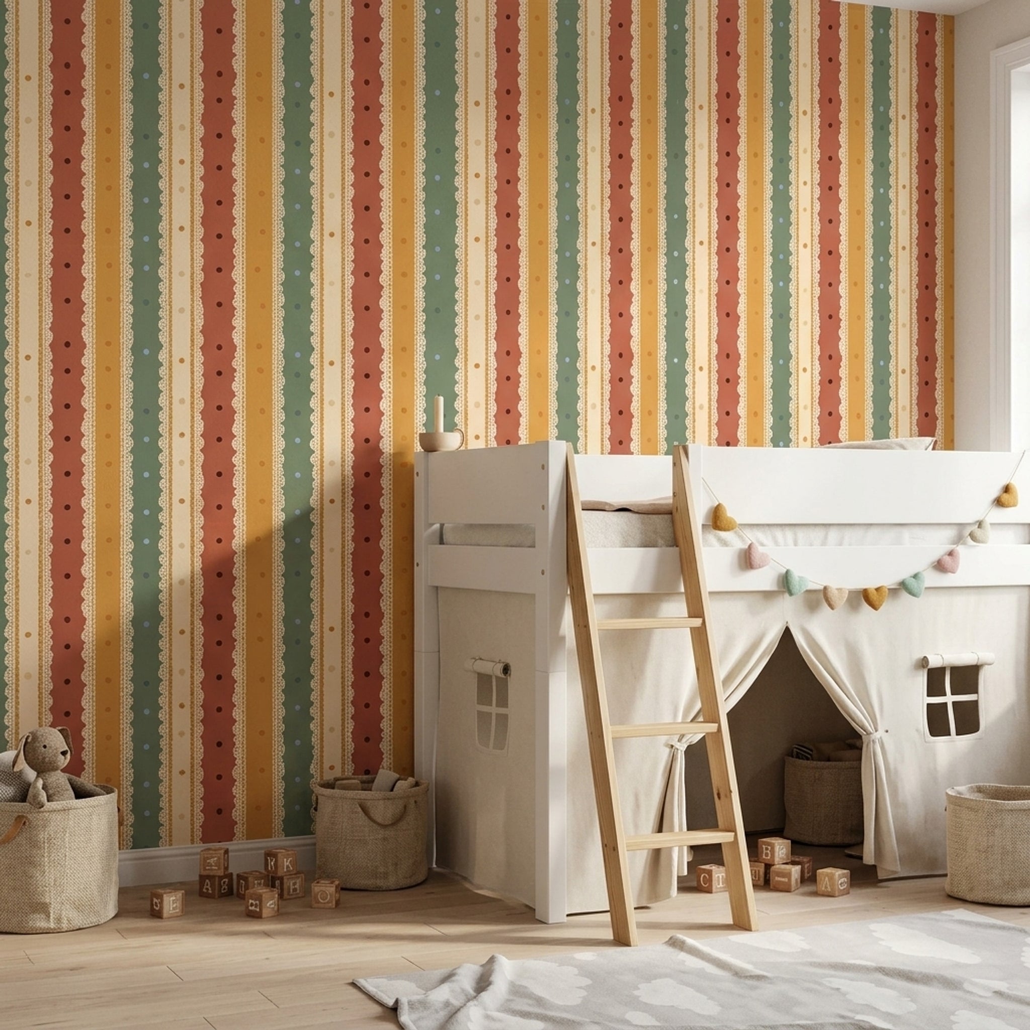 Vertical Stripes Wallpaper Lace Scallop Trim Retro Palette Decorative Mural