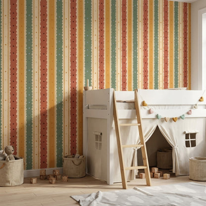Vertical Stripes Wallpaper Lace Scallop Trim Retro Palette Decorative Mural