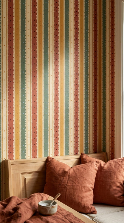 Vertical Stripes Wallpaper Lace Scallop Trim Retro Palette Decorative Mural