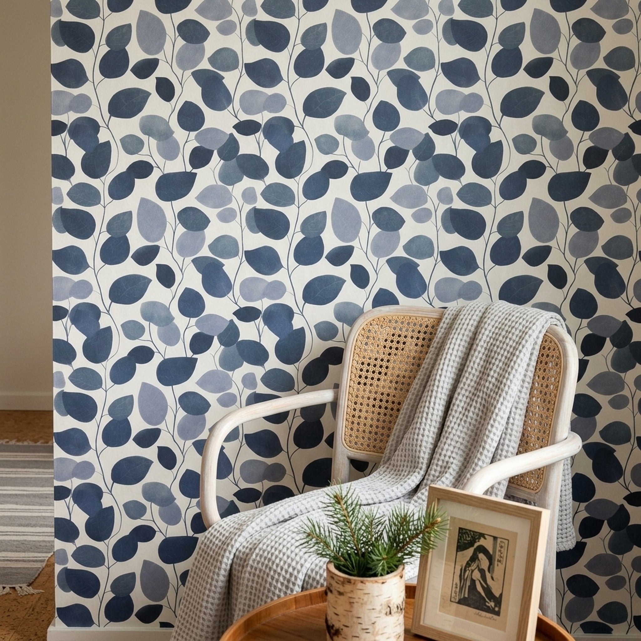 Botanical Wallpaper Leaf Silhouette Removable Navy Blue Wall Double Roll