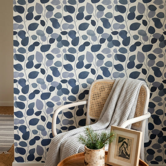 Botanical Wallpaper Leaf Silhouette Removable Navy Blue Wall Double Roll