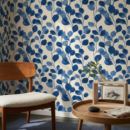Blue Botanical Wallpaper Leafy Branches Modern Floral Removable Wall Decor