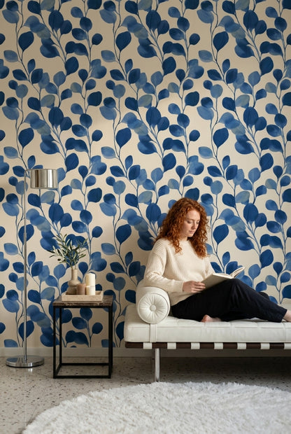 Blue Botanical Wallpaper Leafy Branches Modern Floral Removable Wall Decor