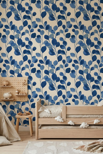 Blue Botanical Wallpaper Leafy Branches Modern Floral Removable Wall Decor
