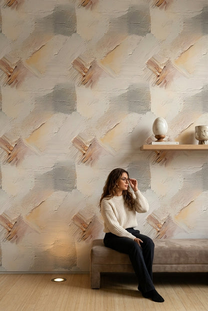 Textured Plaster Wallpaper Impasto Neutral Beige Removable Wall Decor