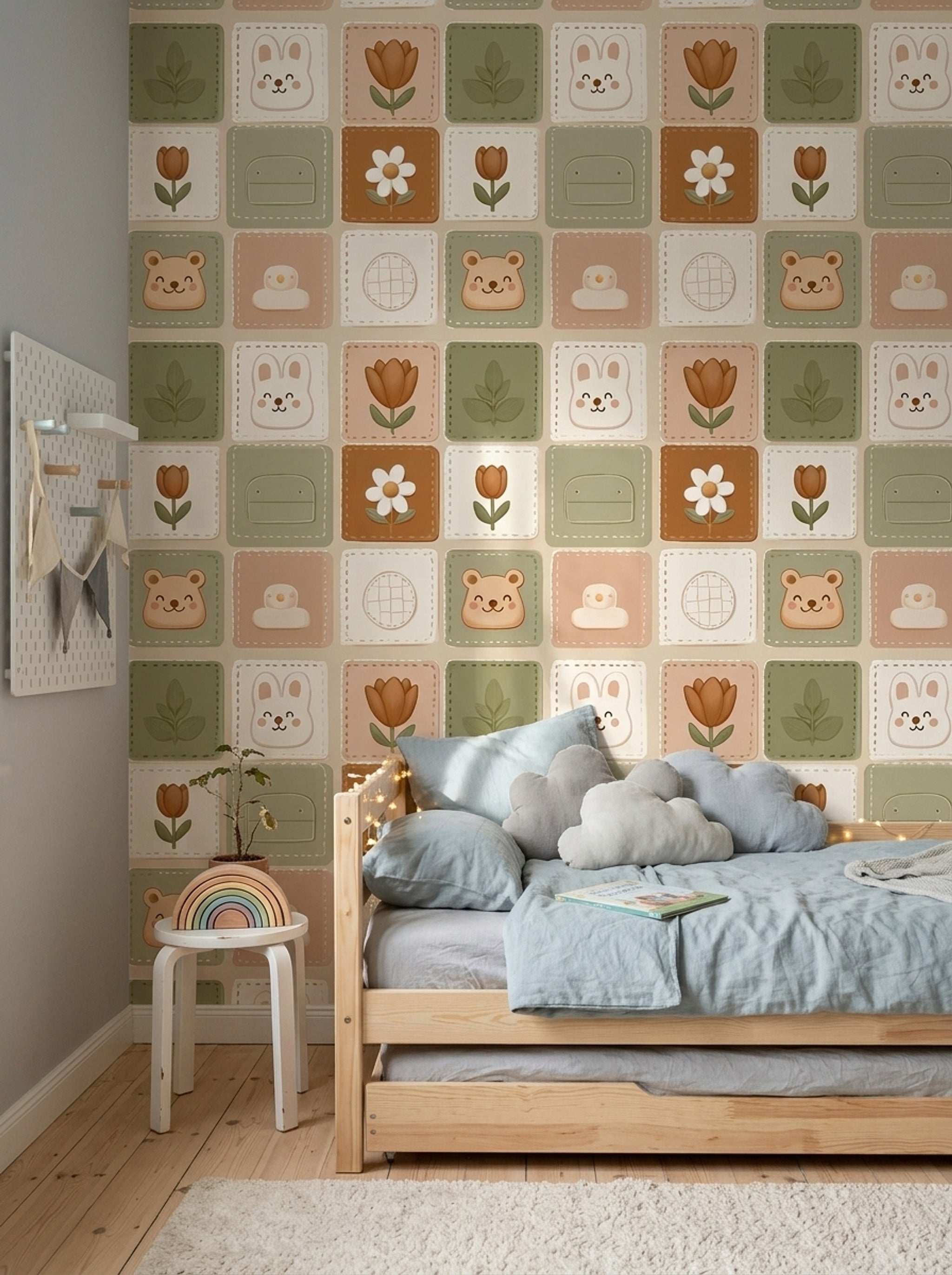 Cute Nursery Wallpaper Patchwork Tiles Removable Botanical Flowers Wall Double Roll