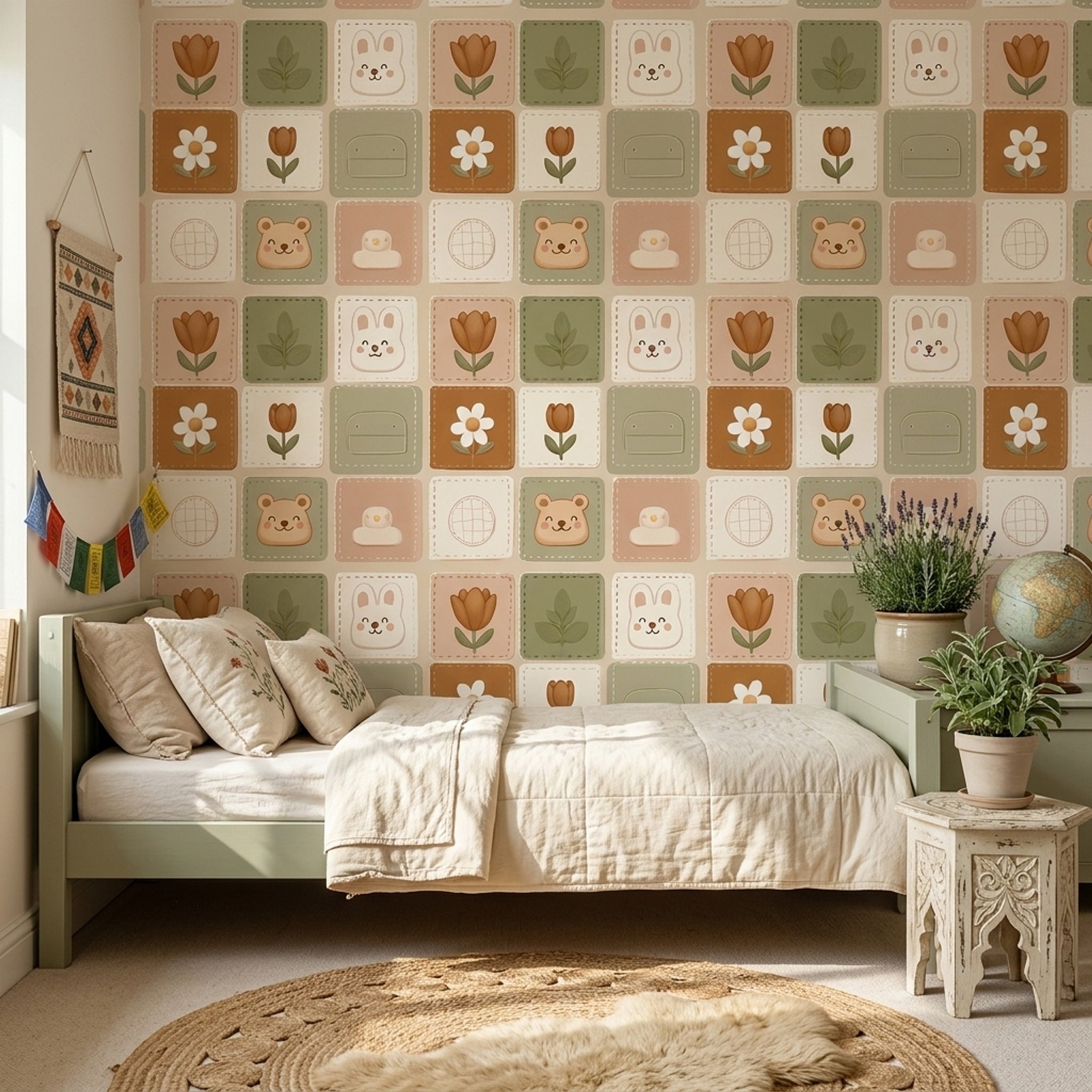Cute Nursery Wallpaper Patchwork Tiles Removable Botanical Flowers Wall Double Roll
