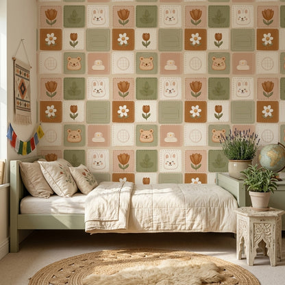 Cute Nursery Wallpaper Patchwork Tiles Removable Botanical Flowers Wall Double Roll
