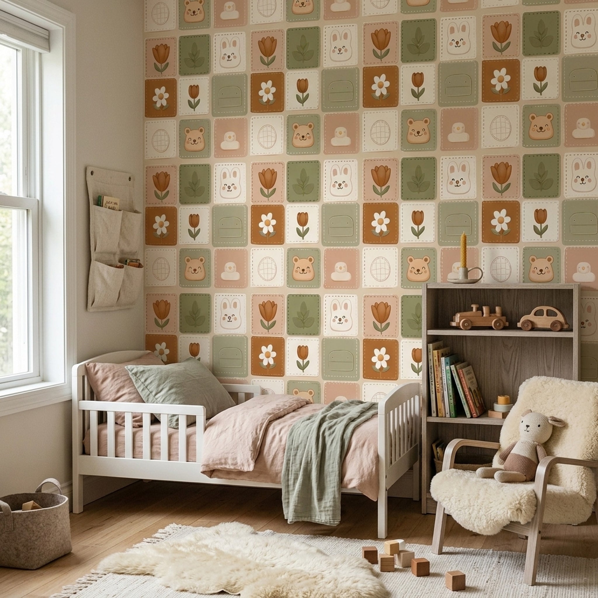 Cute Nursery Wallpaper Patchwork Tiles Removable Botanical Flowers Wall Double Roll