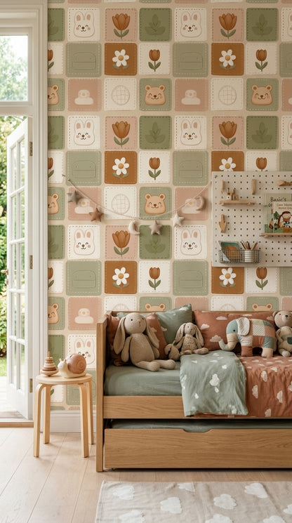 Cute Nursery Wallpaper Patchwork Tiles Removable Botanical Flowers Wall Double Roll