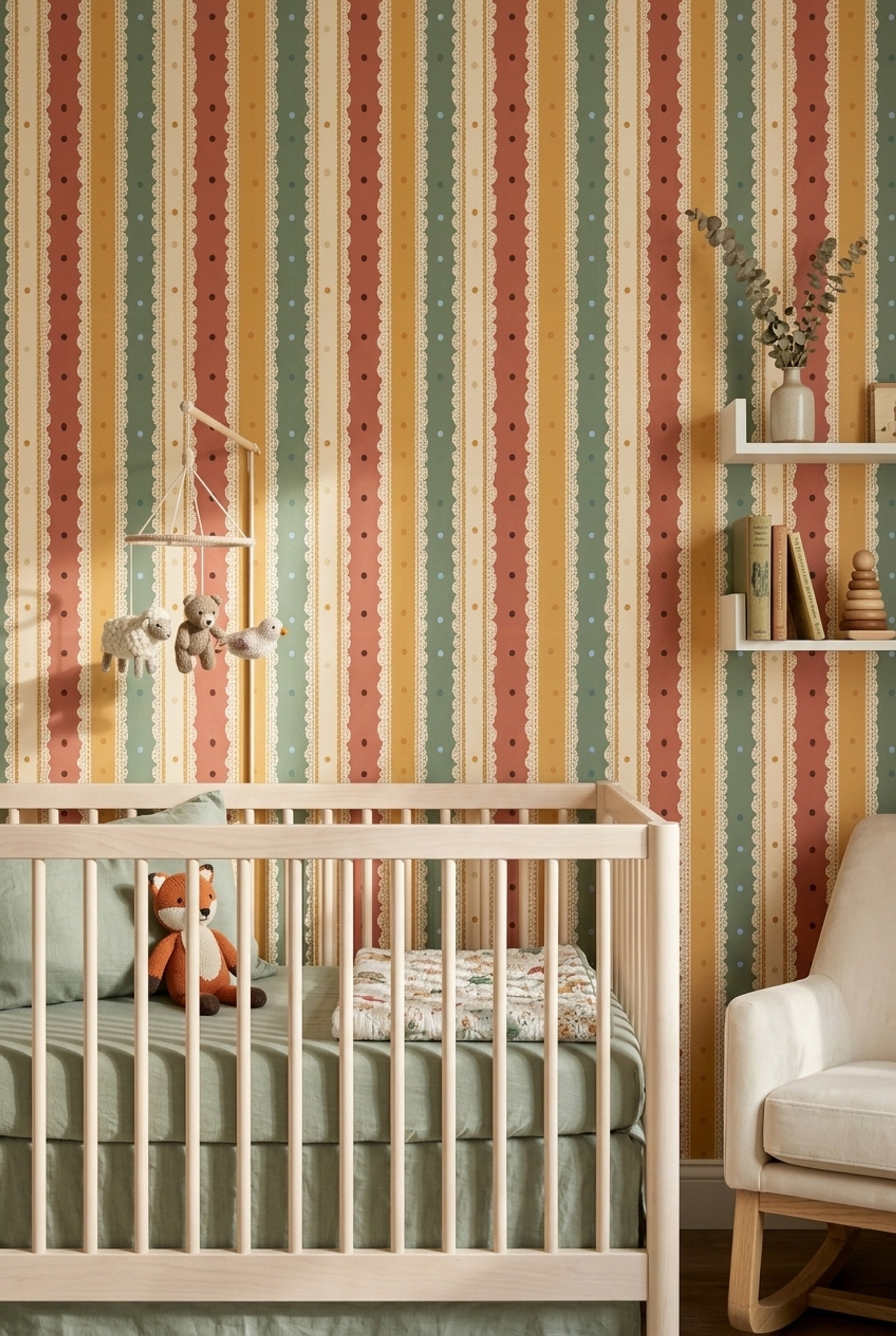 Vertical Stripes Wallpaper Lace Scallop Trim Retro Palette Decorative Mural