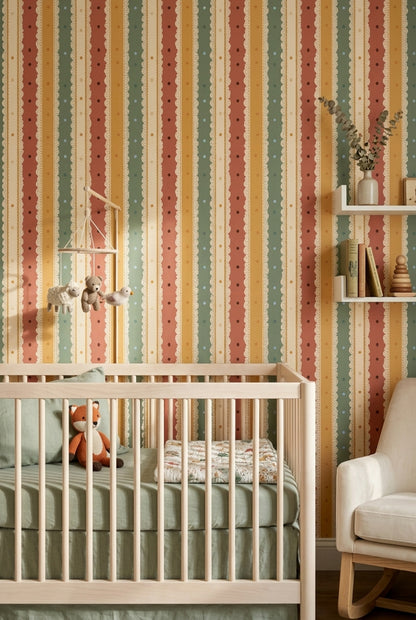 Vertical Stripes Wallpaper Lace Scallop Trim Retro Palette Decorative Mural