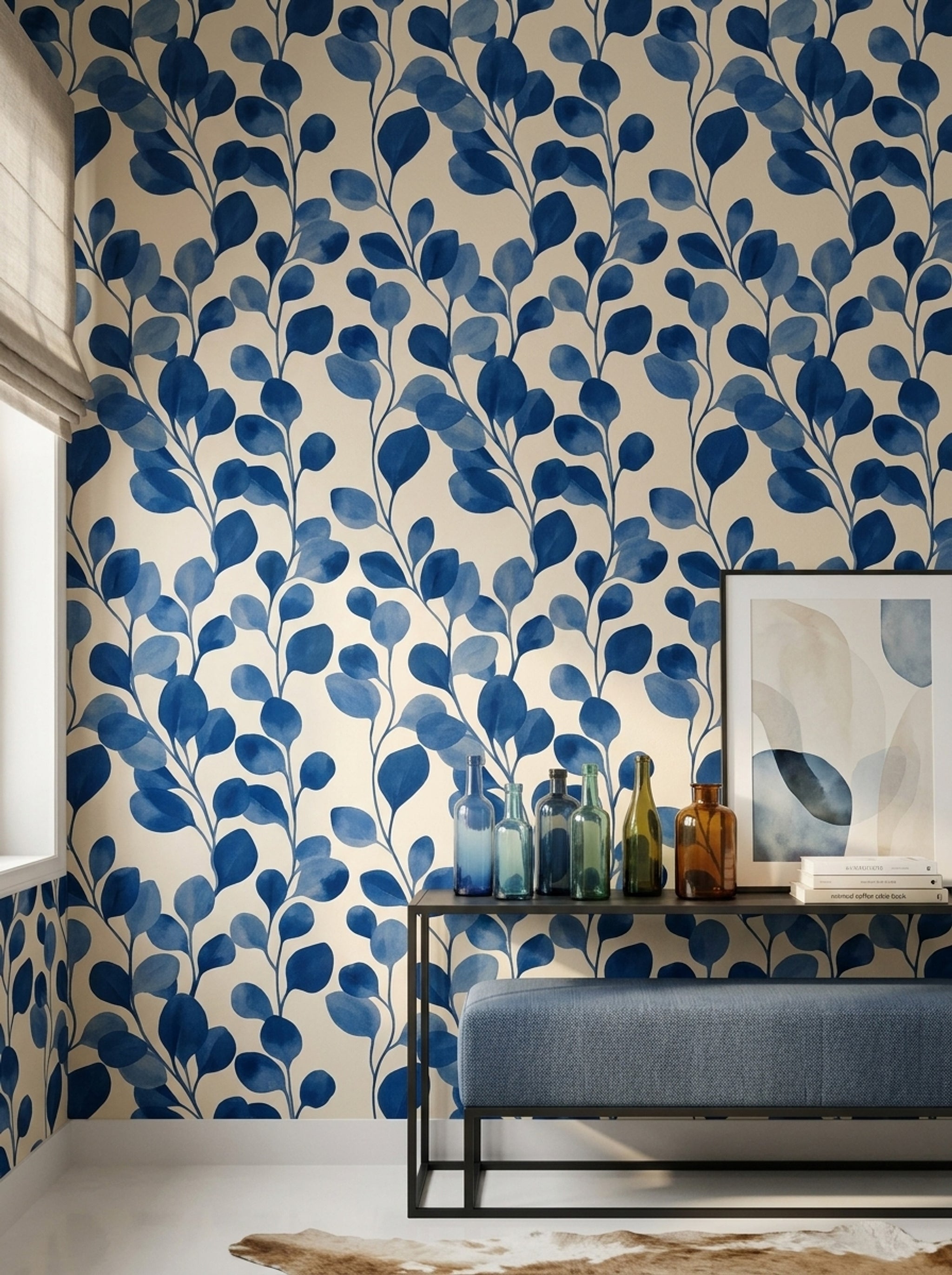 Blue Botanical Wallpaper Leafy Branches Modern Floral Removable Wall Decor