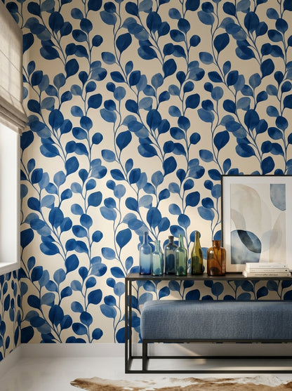 Blue Botanical Wallpaper Leafy Branches Modern Floral Removable Wall Decor