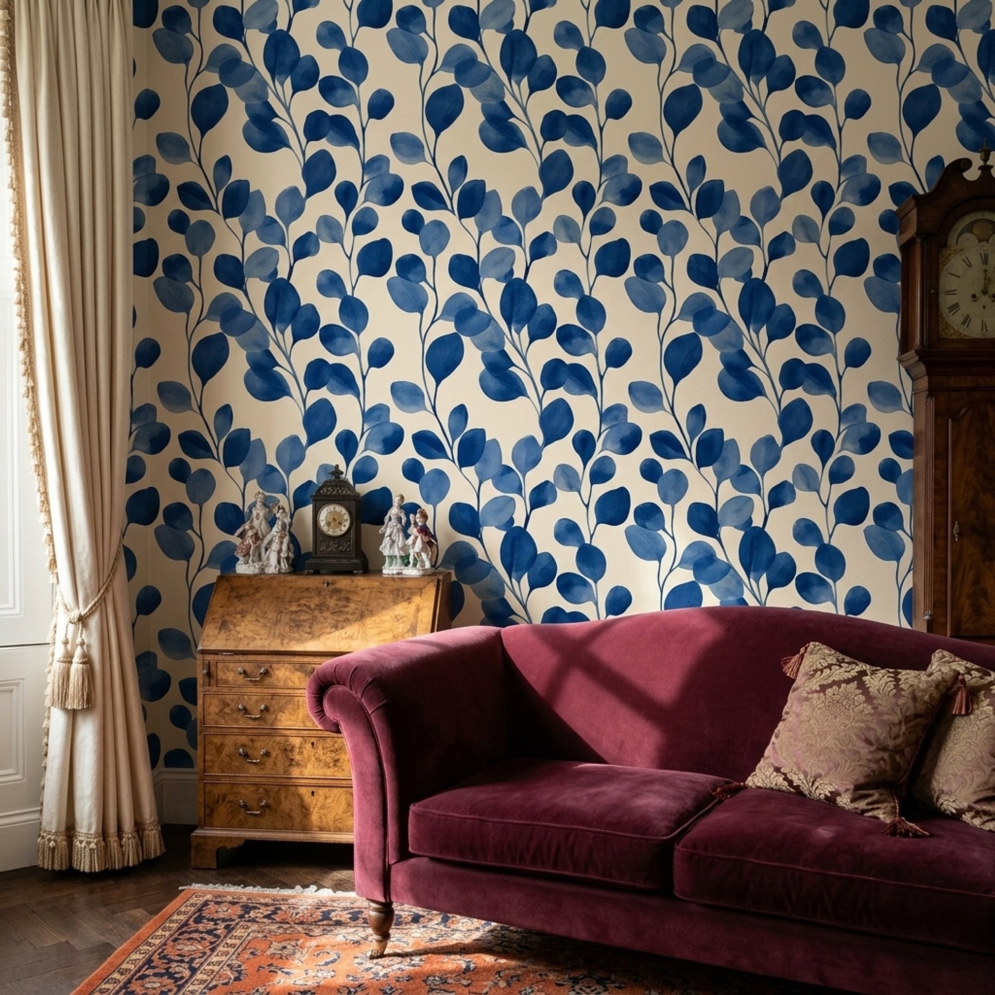 Blue Botanical Wallpaper Leafy Branches Modern Floral Removable Wall Decor