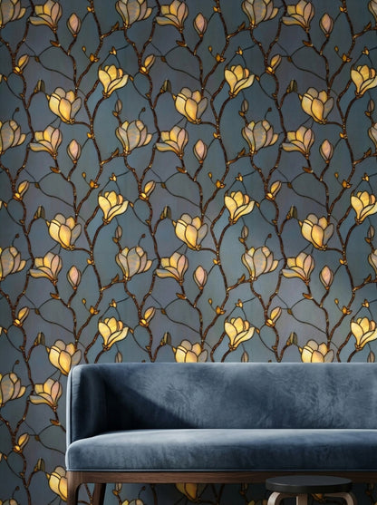 Stained Glass Wallpaper Magnolia Blossoms Removable Amber Gold Petals Wall Double Roll