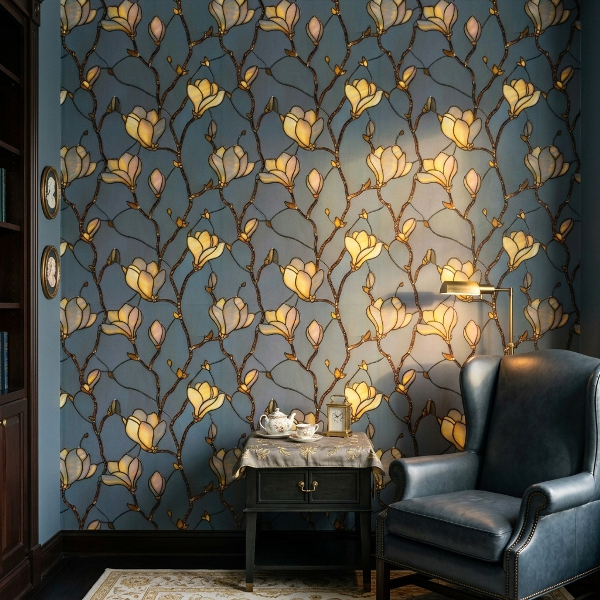 Stained Glass Wallpaper Magnolia Blossoms Removable Amber Gold Petals Wall Double Roll