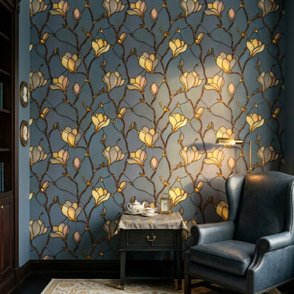Stained Glass Wallpaper Magnolia Blossoms Removable Amber Gold Petals Wall Double Roll